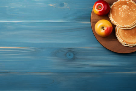 a plate with pancakes and apples on a wooden background. copy spaceの素材