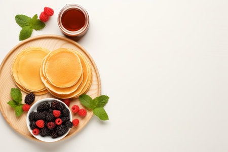 delicious pancakes for breakfast with berries and honey. view from above. a place for a recipe.の素材