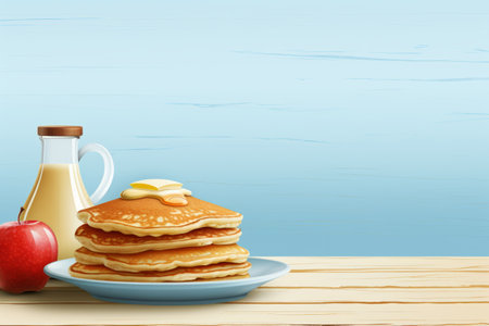 There is a plate with delicious pancakes and fresh milk for breakfast on the table.の素材