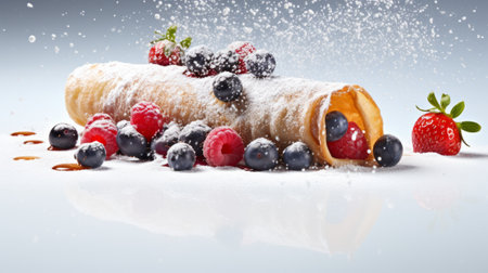 one delicious tube of thin pancake with berries on top.の素材