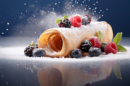 one sweet tube of thin pancake with berries. copy spaceの素材
