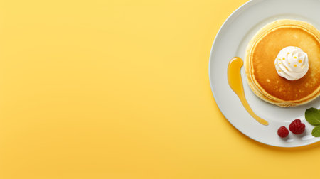 a pancake with ice cream on top lies on a plate with mint. view from above. copy spaceの素材