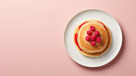 freshly baked pancakes with jam and raspberries. view from above.  copy spaceの素材