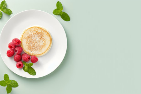 pancake on a plate with a handful of raspberries and mint. view from above.の素材