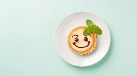 a cheerful pancake with a smile made of chocolate paste on a white plate. top view. copy spaceの素材