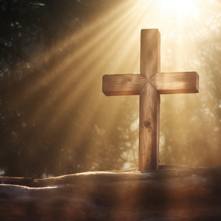 Wooden cross in the forest with rays of light coming from behind. copy spaceの素材