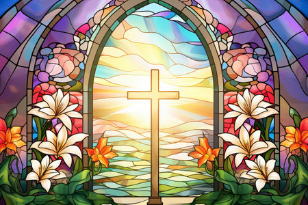 An illustration in the style of a stained glass window with lilies and a religious cross against the background of the sunの素材