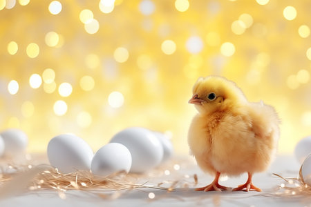 Easter bokeh background with a small chicken and eggs. copy spaceの素材