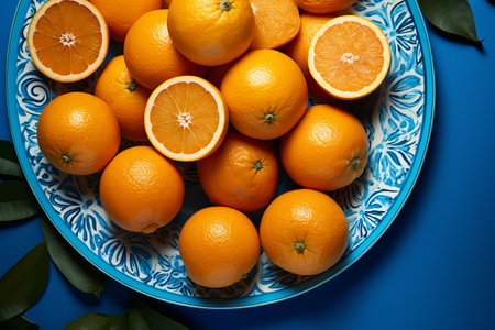 Oranges in a plate with a beautiful pattern on a blue background. View from above.の素材