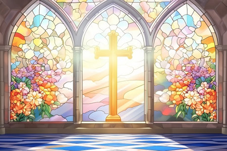 Illustration in stained glass style with a cross and a bouquet of flowersの素材