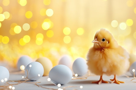 Easter background with chicken and eggs on bokeh lights background. copy spaceの素材