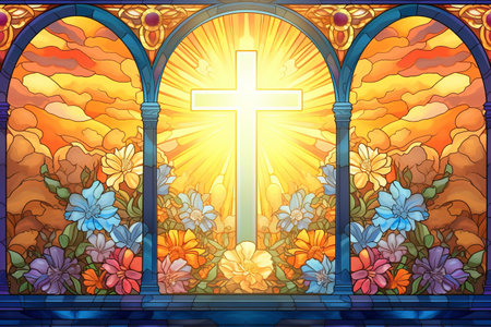 Illustration in stained glass style with a cross and flowers on the background of the skyの素材