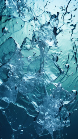ice in clear blue water with air bubbles.の素材