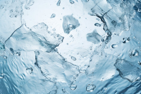 Ice and water splashes on a blue background. Copy spaceの素材