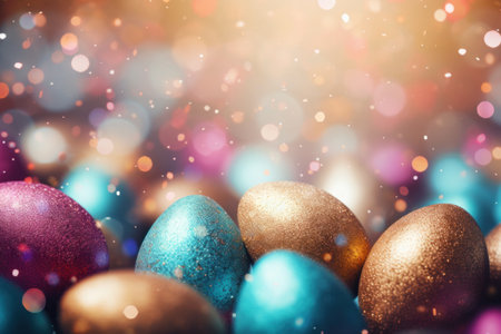 Bright, shiny Easter eggs on a bokeh background with space to copyの素材