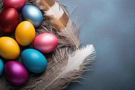 Colorful Easter eggs on dry grass with feathers on a blue background. copy spaceの素材