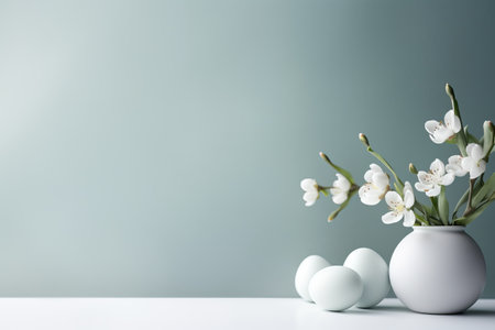 White eggs and spring flowers in a vase on a gray background. Happy Easter. place for the textの素材