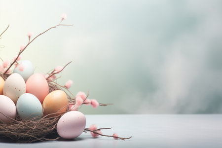 Easter eggs in nest with spring flowers on pastel background. copy spaceの素材