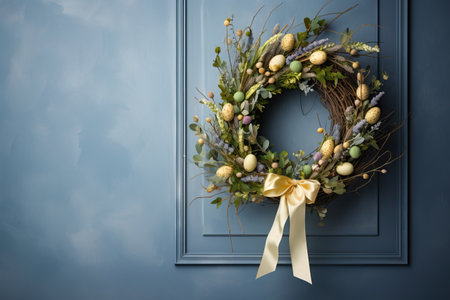 Beautiful Easter wreath on blue wall, space for text.の素材