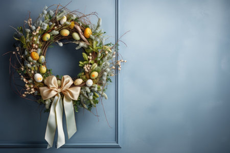 Easter wreath with eggs and willow branches on blue wall. copy spaceの素材