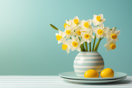 a bouquet of daffodils in a striped vase and Easter eggs on the table. a place for a text or recipe. Happy Easter.の素材