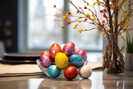 Colorful easter eggs in glass bowl on table, selective focusの素材