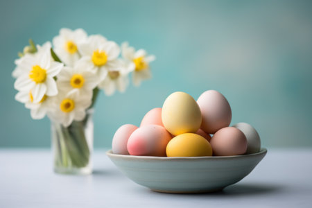 Colorful Easter eggs in a bowl and daffodils on the table. happy Easter.の素材