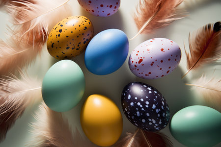 Quail Easter eggs and feathers on a light background, close-up. view from above.の素材