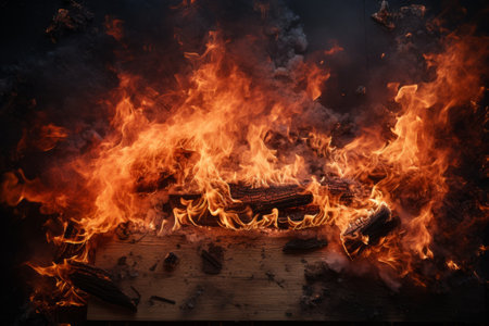 Beautiful bonfire with burning firewood on dark background, closeupの素材