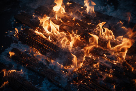 Flames of a campfire on a black background. Close-up.の素材