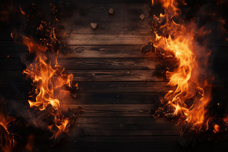 fire on a black wooden background. Place for text.の素材