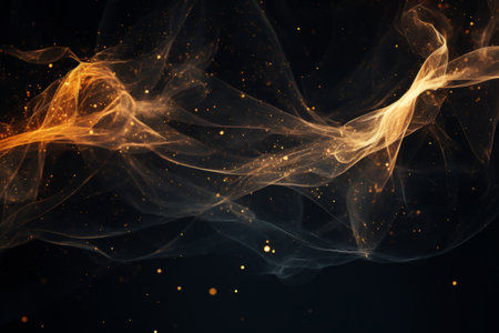 Abstract gold smoke on black background. Fantasy fractal texture. Digital art. 3D rendering.の素材