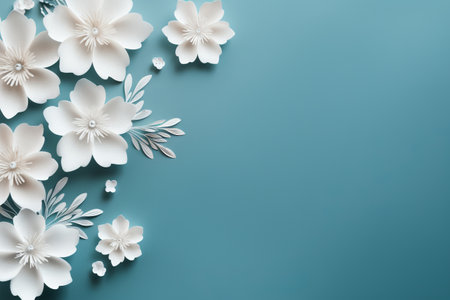 white flowers on a beautiful blue background with a place for congratulations.の素材