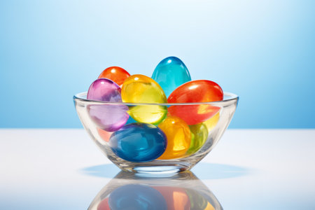 bright, transparent eggs in a glass bowl on a blue background.  Easter concept.の素材