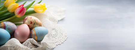 Easter eggs and tulips lie on a lace napkin with a space to copyの素材