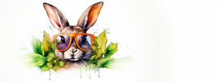 Easter bunny in sunglasses and lettuce leaves on a white background. Vector illustration.の素材