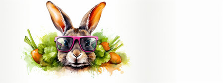 A rabbit's head in purple sunglasses sits in lettuce and carrot leaves on a white background. a place for the text.の素材