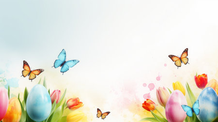 Easter eggs and tulips in watercolor style with place for text.の素材