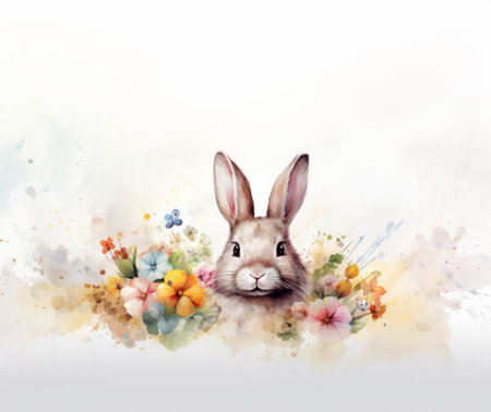 rabbit head in flowers.  watercolor. copy spaceの素材