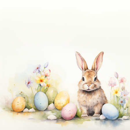 one rabbit in a clearing with flowers and colorful eggs. Watercolor painting on a white background. copy spaceの素材