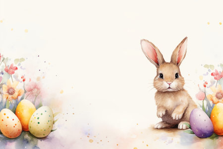 Easter bunny and easter eggs. Watercolor painting on white background. copy spaceの素材