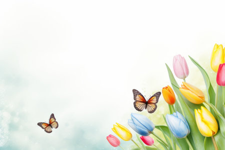 Tulips and butterfly on nature background. Spring flowers. Greeting card. copy spaceの素材
