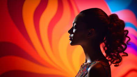 Portrait of a beautiful young woman with curly hair in a ponytail and posing on a colorful background. copy spaceの素材