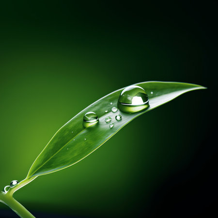 Water drops on green leaf with space for text. Nature concept.の素材