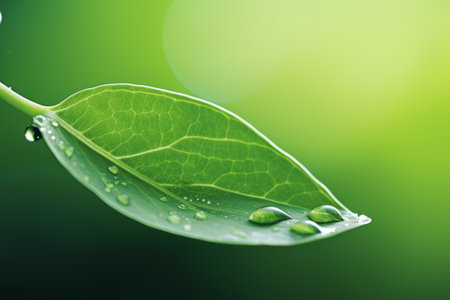 Dew drops on a green leaf on a bokeh background, the concept of nature. copy spaceの素材
