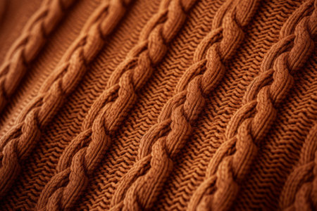 Close-up of knitted voluminous pigtails against the texture of brown knitted fabric.の素材