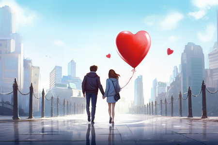 A couple in love is holding a red balloon in the shape of a heart. a place for the text. the bannerの素材