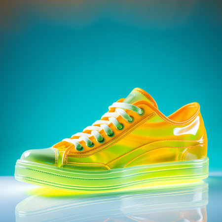 one yellow-green sneaker on a blue background. an illustration with 3D rendering. place for the textの素材