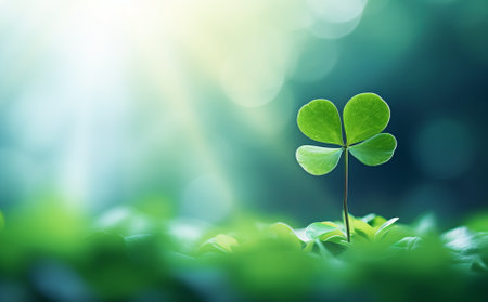 one leaf of clover under the rays of the sun. St. Patrick's Day. copy spaceの素材