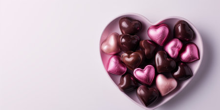 Heart-shaped chocolates in a heart-shaped bowl on a white background for Valentine's Day. copy spaceの素材